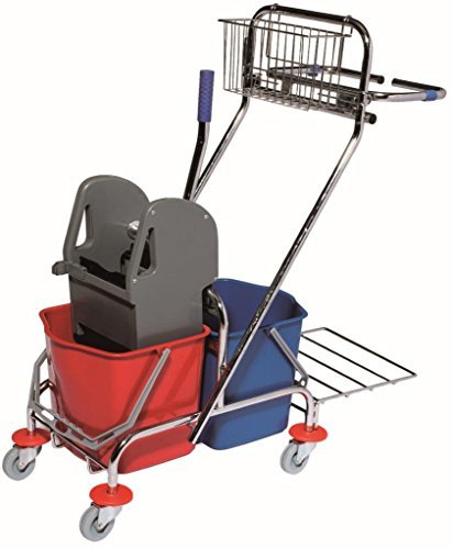 Carrello per le pulizie cromato, con 2 secchi da 17 Lt cad., supporto sacchi immondizia da 70 litri, cestino da appendere