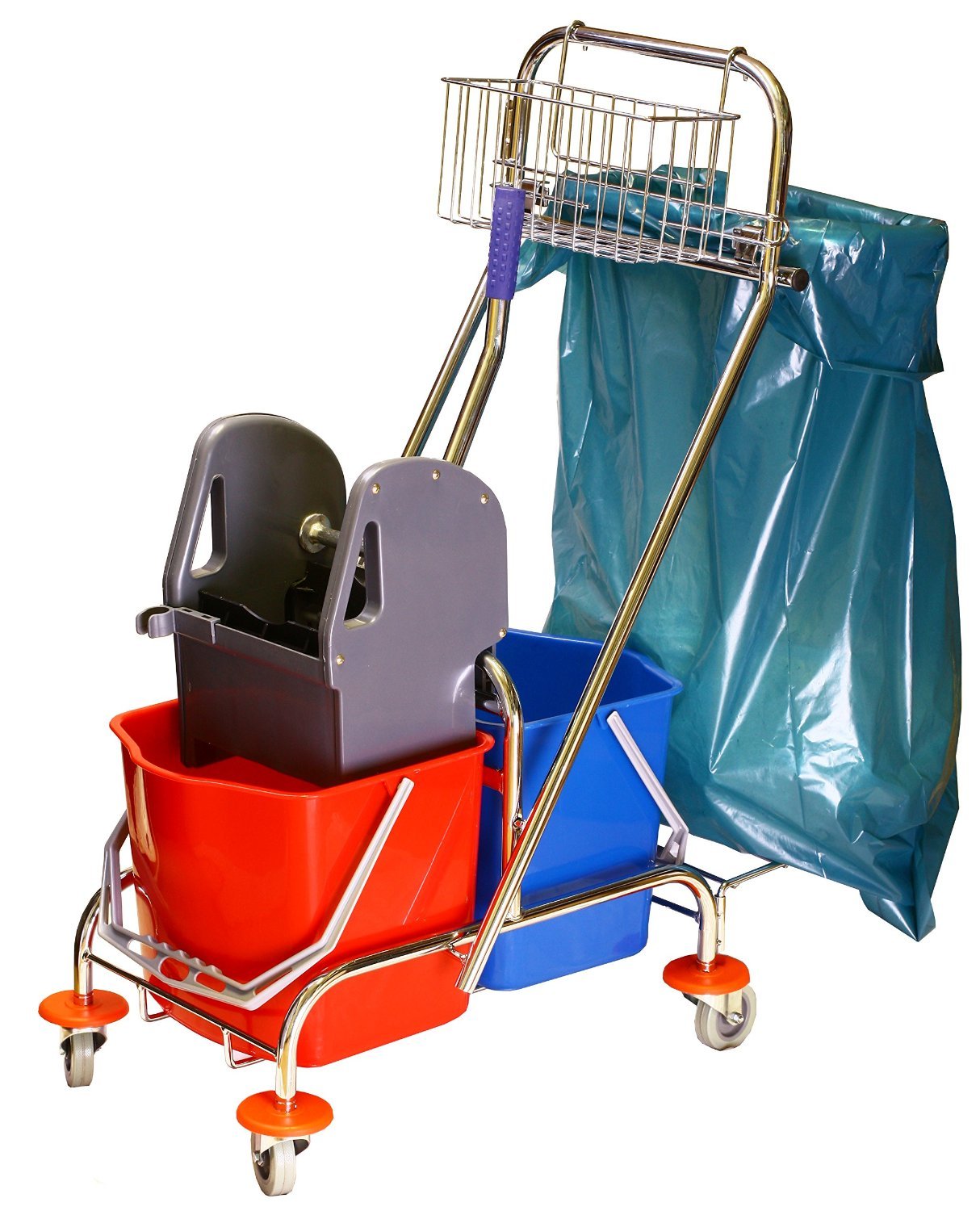 Carrello per le pulizie cromato, con 2 secchi da 17 Lt cad., supporto sacchi immondizia da 70 litri, cestino da appendere