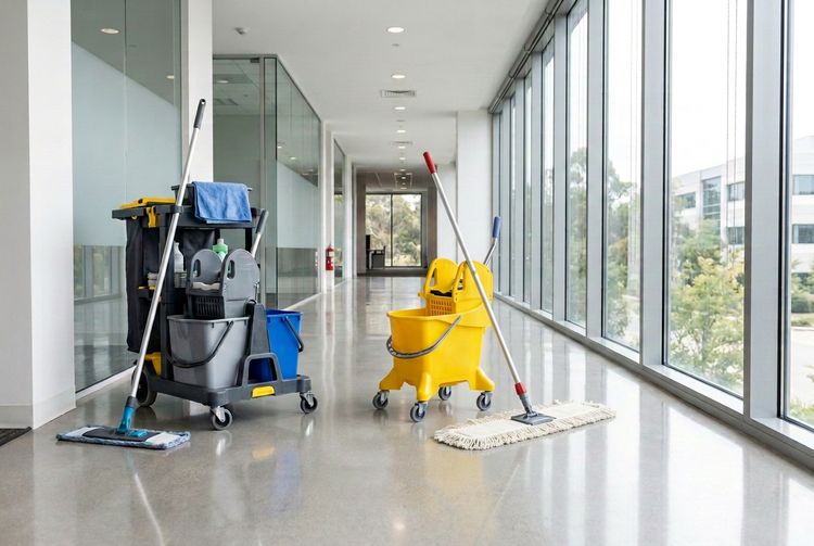 Corridoio di ufficio con carrello per le pulizie, carrello giallo con strizzatore, mop, spazzolone e vetrate
