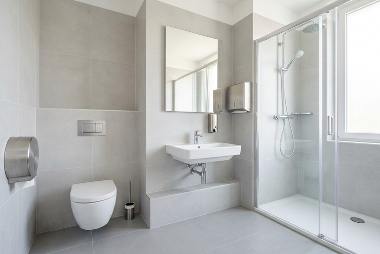 Bagno professionale pulito con WC, lavabo, dispenser in acciaio e box doccia