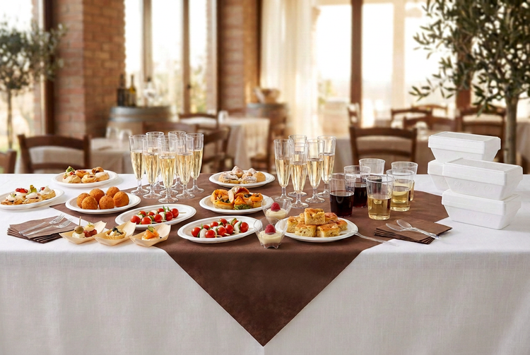 Tavolo da buffet con coprimacchia marrone, piatti, calici e bicchieri in plastica monouso e vaschette per gelato in polistirolo