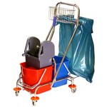 Carrello per le pulizie cromato, con 2 secchi da 17 Lt cad., supporto sacchi immondizia da 70 litri, cestino da appendere